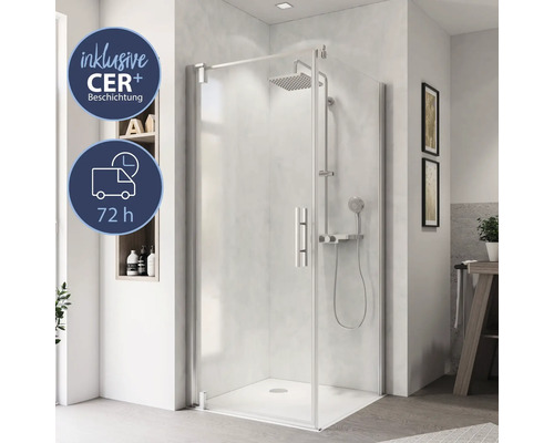 Porte de douche pour paroi latérale avec porte pivotante BREUER Europa Design Express Q72 90 cm couleur du profilé chrome décor de vitre verre transparent avec verre antitache butée de porte à gauche Cabine de douche à l'italienne avec pomme de douche et douchette dans une salle de bain moderne