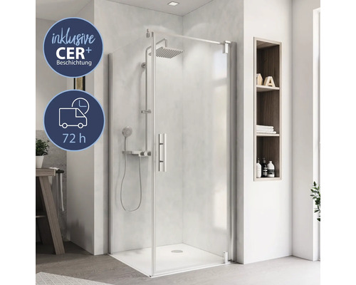 Porte de douche pour paroi latérale avec porte pivotante BREUER Europa Design Express Q72 90 cm couleur du profilé chrome décor de vitre verre transparent avec verre antitache butée de porte à droite Cabine de douche avec revêtement CER+ et délai de livraison de 72 heures