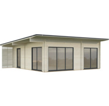 Abri de jardin moderne en bois avec de grandes fenêtres