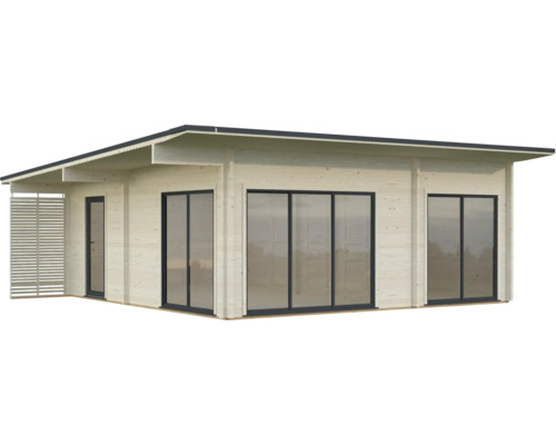 Abri de jardin moderne en bois avec de grandes fenêtres