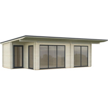 Abri de jardin moderne avec toit plat, fenêtres et porte