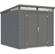 Graues Gartenhaus mit Doppeltür und Oberlicht