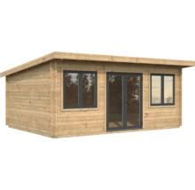 Maison de jardin en bois avec toit plat, fenêtres et double porte
