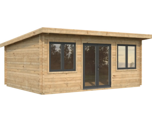Maison de jardin en bois avec toit plat, fenêtres et double porte