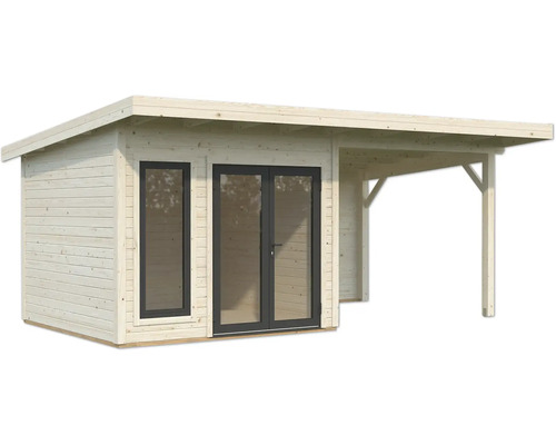 Abri de jardin en bois avec auvent, fenêtres et double porte