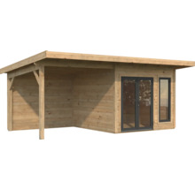 Abri de jardin en bois avec espace couvert et fenêtres