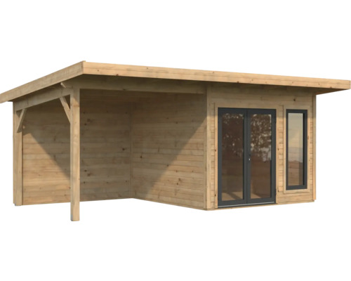 Abri de jardin en bois avec espace couvert et fenêtres