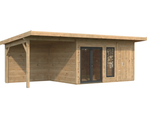 Abri de jardin en bois avec auvent et portes fenêtres