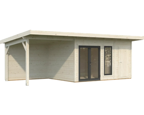 Abri de jardin en bois avec espace couvert, double porte et porte simple