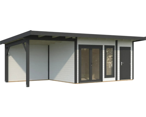 Abri de jardin en bois avec véranda couverte, porte double et porte simple