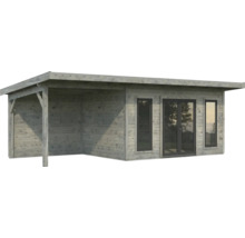 Holzgartenhaus mit überdachter Veranda und Fenstern