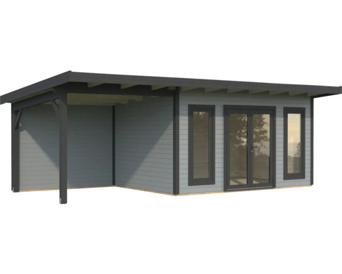 Modernes Gartenhaus mit überdachter Veranda und Fenstern