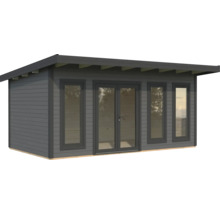 Abri de jardin gris avec fenêtres et porte double