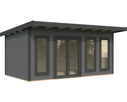 Abri de jardin gris avec fenêtres et porte double