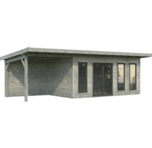 Holzgartenhaus mit überdachter Terrasse und Fenstern