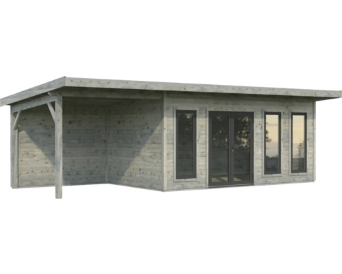 Holzgartenhaus mit überdachter Terrasse und Fenstern