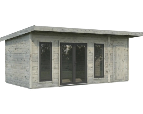 Abri de jardin en bois avec porte double, fenêtres et porte latérale