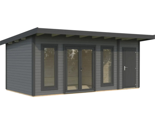 Abri de jardin moderne avec toit plat, fenêtres et porte