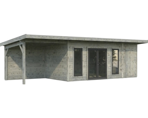 Holzgartenhaus mit Anbau, Fenstern und Tür