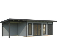 Maison de jardin en bois avec terrasse couverte, fenêtres et porte