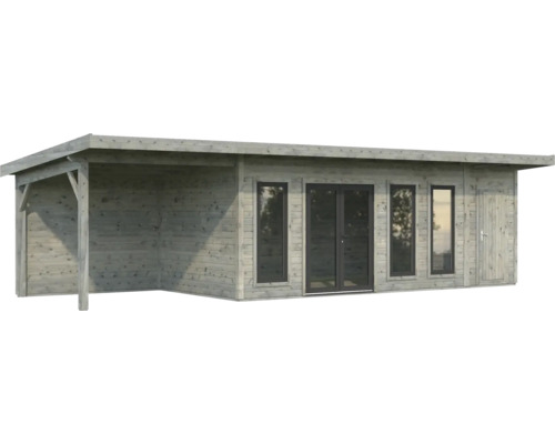 Abri de jardin en bois avec auvent, fenêtres et portes