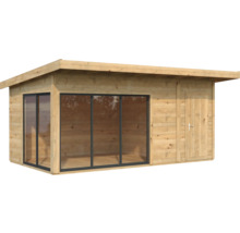 Abri de jardin en bois avec fenêtres et porte