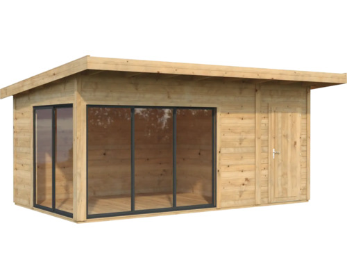 Abri de jardin en bois avec fenêtres et porte