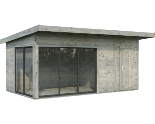 Abri de jardin en bois avec porte coulissante en verre et porte latérale