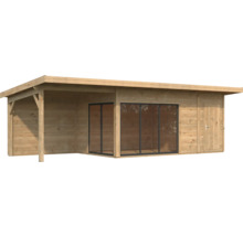 Abri de jardin avec véranda couverte, porte coulissante et porte latérale