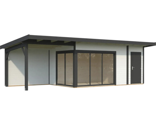 Maison de jardin en bois avec façade en verre et porte