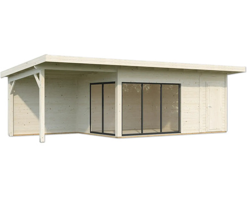 Abri de jardin en bois avec toit, porte coulissante et porte latérale