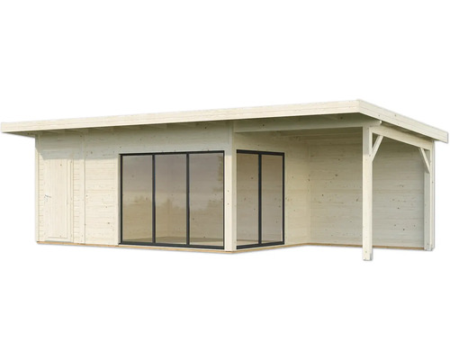 Abri de jardin en bois avec portes coulissantes et auvent