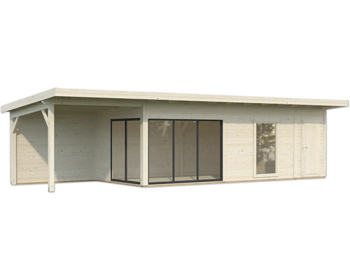 Maison de jardin en bois avec véranda couverte, fenêtres et porte.