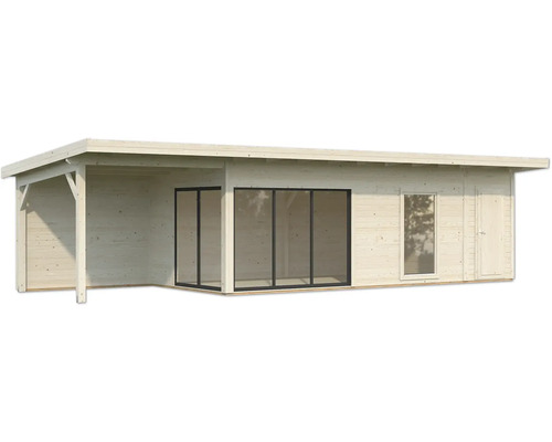 Abri de jardin en bois avec véranda couverte, portes coulissantes et fenêtres