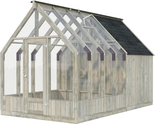 Serre avec cadre en bois et façade en verre