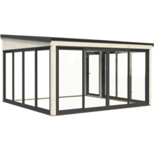 Abri de jardin moderne avec portes coulissantes et cadre en bois