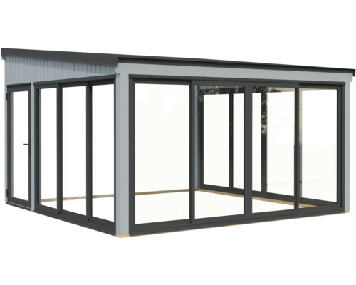 Freistehender Pavillon mit Schiebetüren für den Außenbereich.