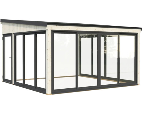 Abri de jardin moderne avec portes coulissantes et cadre en bois