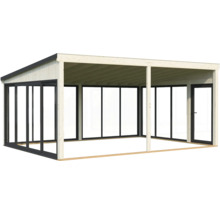 Holzpavillon mit Glasschiebetüren.