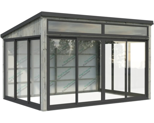 Pavillon de jardin avec portes coulissantes en verre et revêtement en bois