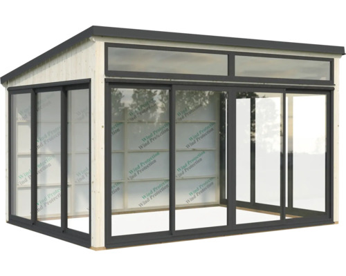 Gartenhaus mit Schiebetüren und Fenstern aus Holz und Glas