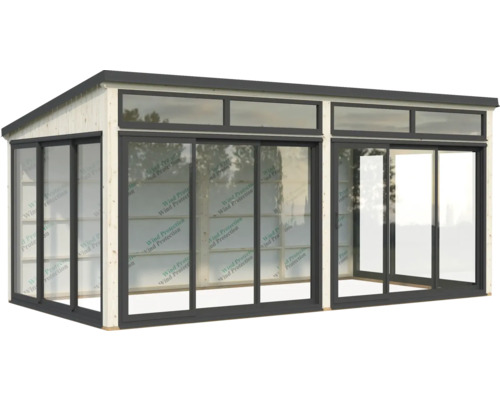 Modernes Gartenhaus mit Schiebetüren und Fenstern