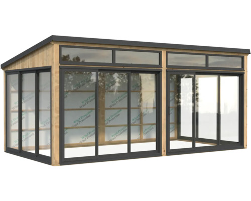 Abri de jardin avec portes coulissantes et lucarnes