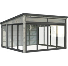 Gartenhaus mit Glasschiebetüren und Holzverkleidung