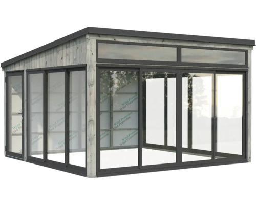 Gartenhaus mit Glasschiebetüren und Holzverkleidung