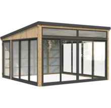 Pavillon de jardin avec cadre en bois et portes coulissantes en verre