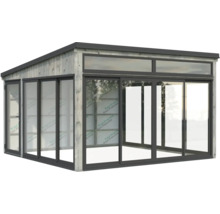 Abri de jardin avec bardage bois et portes coulissantes en verre