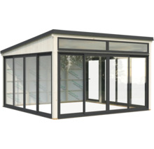 Pavillon de jardin moderne avec portes coulissantes et grandes fenêtres.