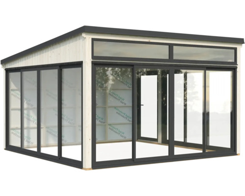 Pavillon de jardin moderne avec portes coulissantes et grandes fenêtres.