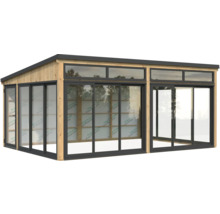 Maison de jardin en bois avec façade en verre et portes coulissantes